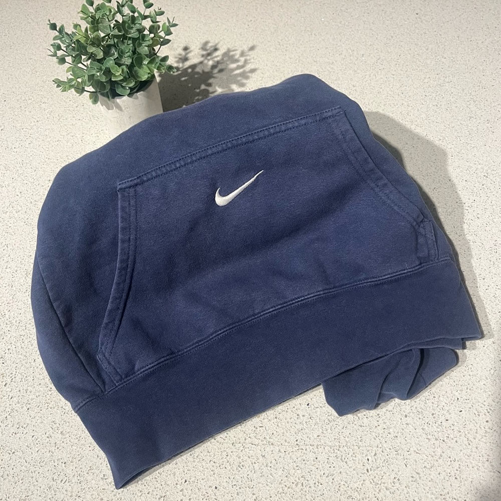 Nike Y2K Small Swoosh Kangaroo Pocket Pullover Hoodie Navy Blue Vintage Sz XS